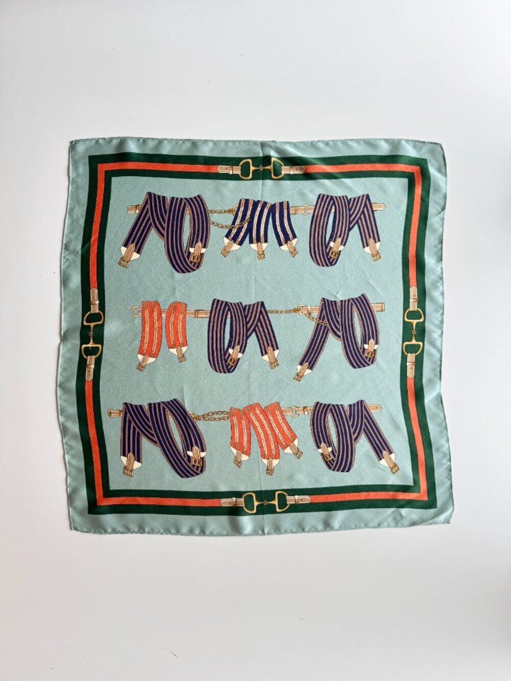 Vintage Unbranded Turquoise Equestrian Printed Silk 20" x 20" Square Scarf